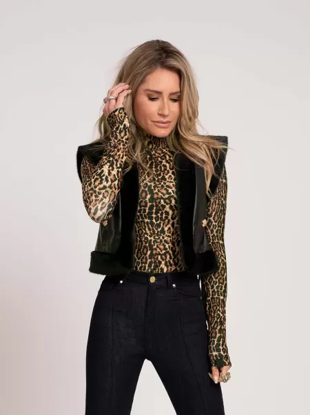 Tops Qualität Black Fitted Body With Leopard Print Damen